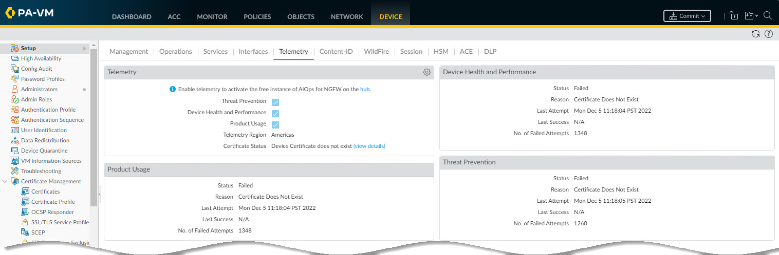 Screenshot showing the Telemetry section under Device > Setup in PAN-OS GUI, indicating telemetry is enabled.