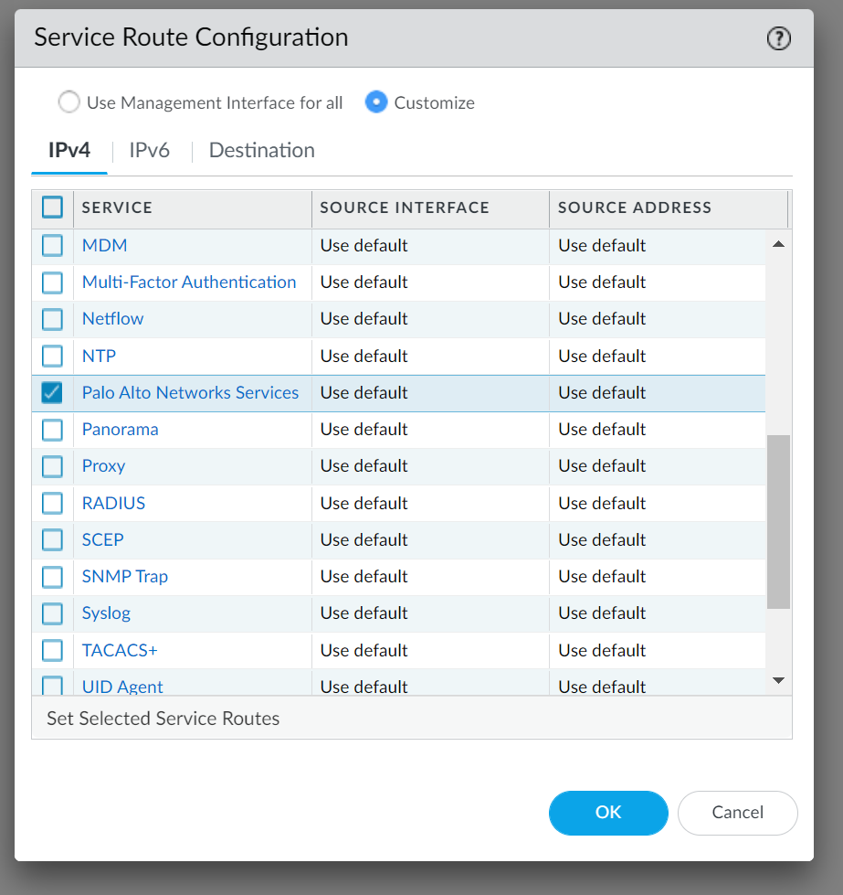 Screenshot showing Service Route Configuration window with Palo Alto Networks Services selected, allowing customization of Source Interface and Address.