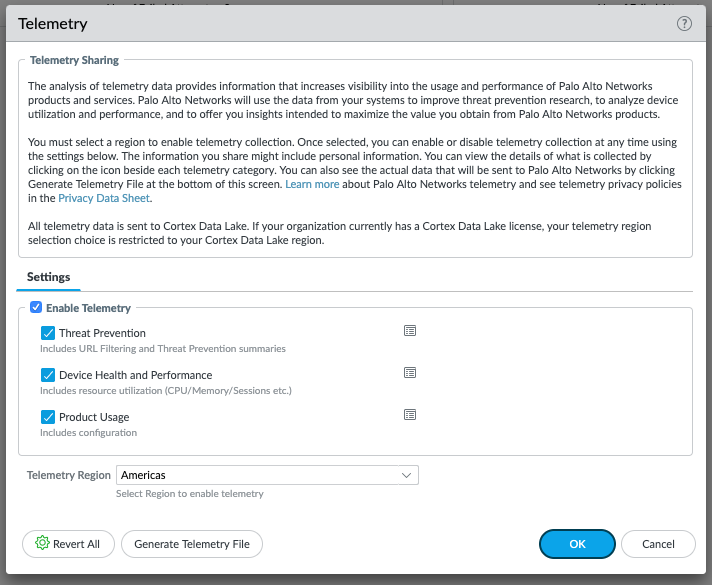 Screenshot of Telemetry categories that can be enabled or disabled, such as Product Usage, Threat Prevention, etc.