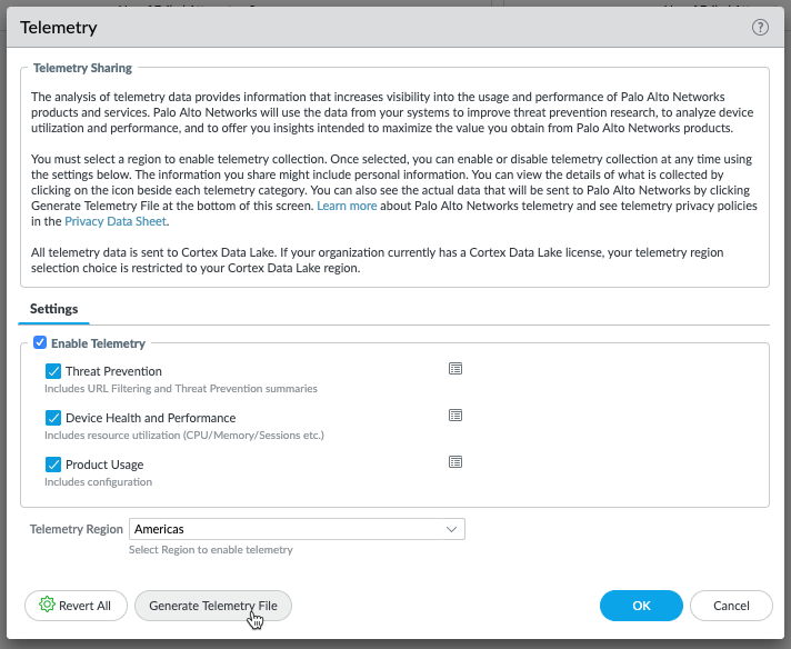 Screenshot of the Telemetry widget edit dialog, highlighting the 'Generate Telemetry File' button.