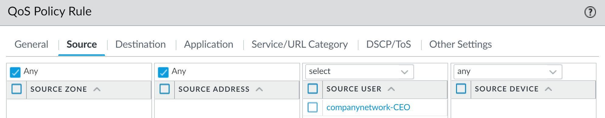 Screenshot of QoS Policy rule matching CEO's username.