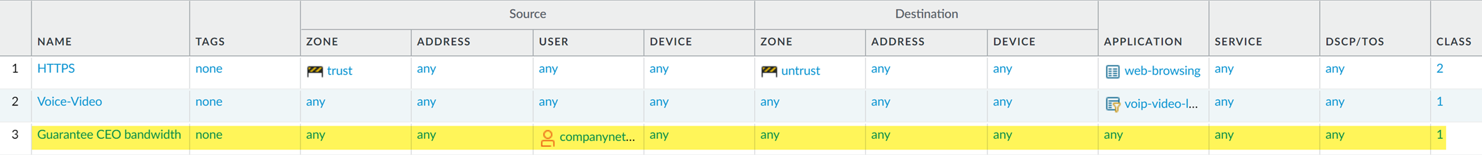 Screenshot showing QoS class assignment for the CEO policy rule.