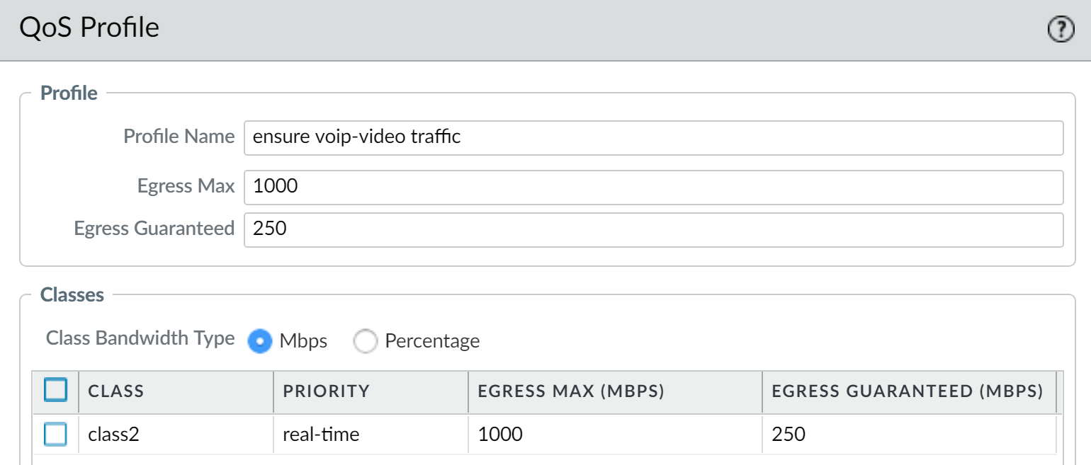Screenshot of ensure voip-video QoS profile settings.