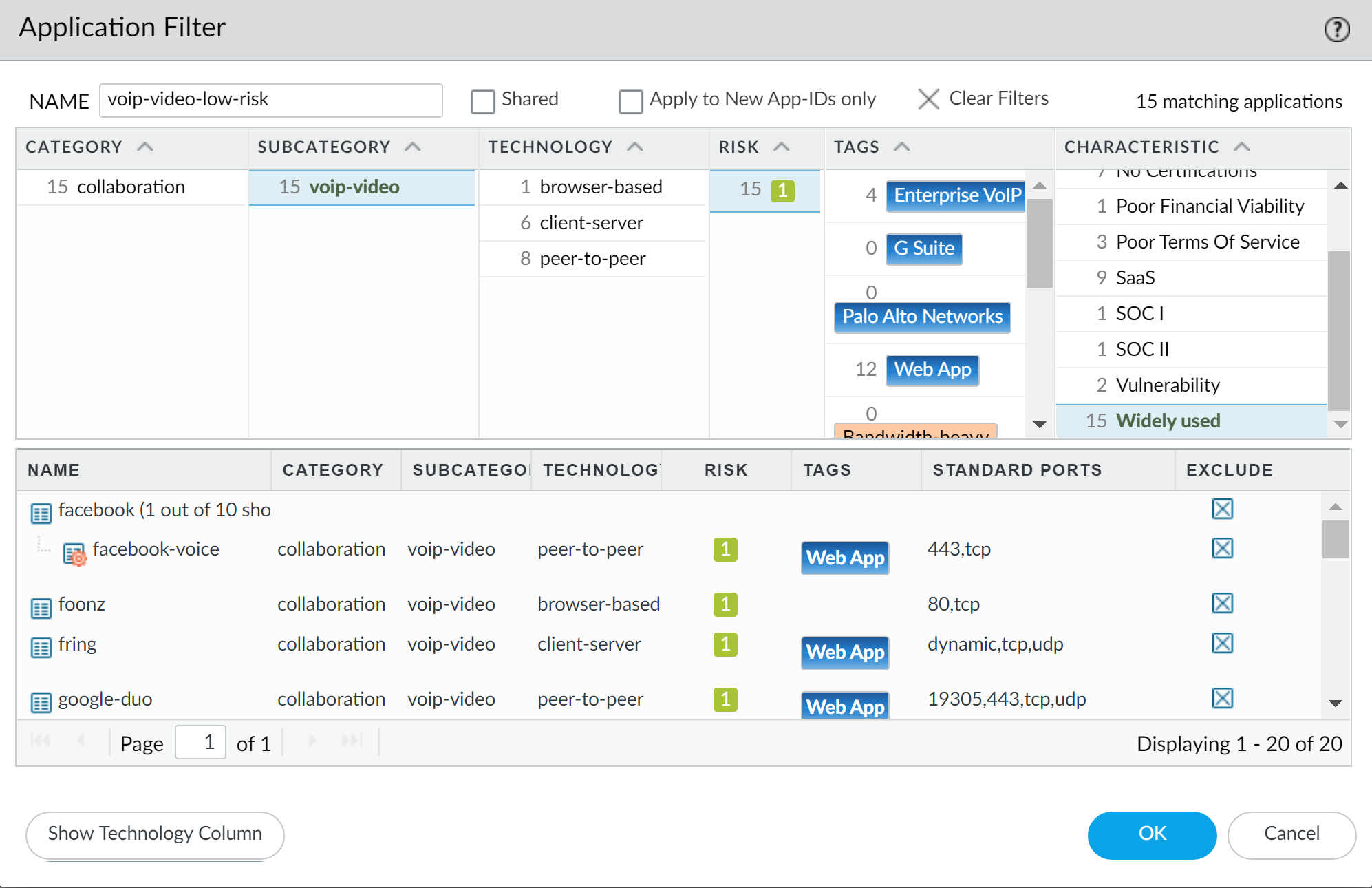 Screenshot of Application Filter definition for VoIP/Video apps.