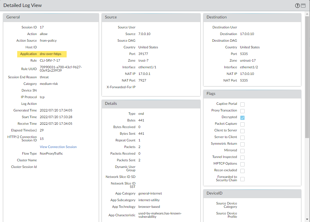 Traffic Log Showing dns-over-https
