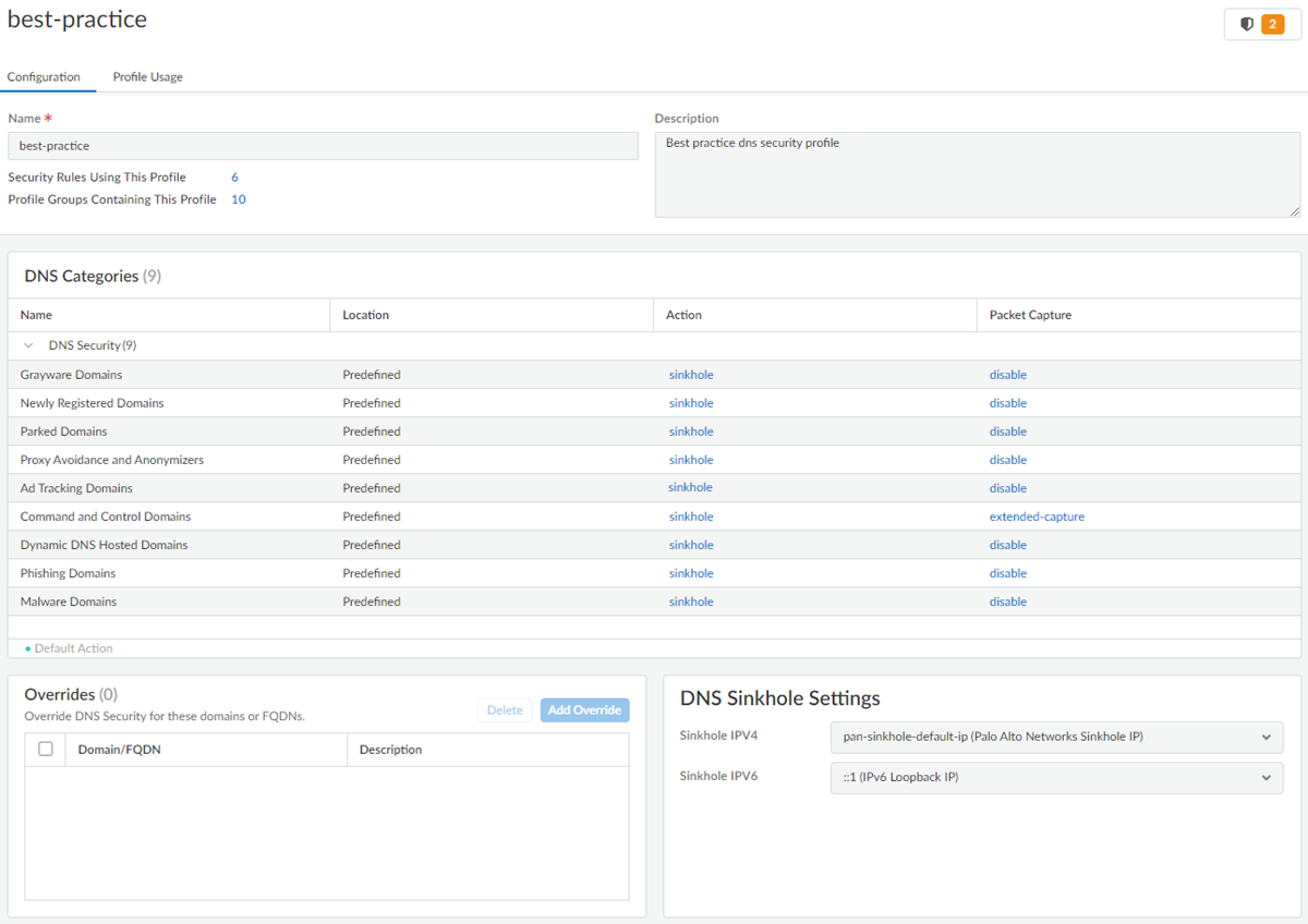 Screenshot of DNS Security profile in Strata Cloud Manager