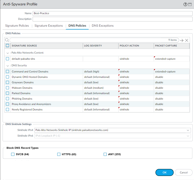 Screenshot of Anti-Spyware Profile DNS Policies tab in PAN-OS