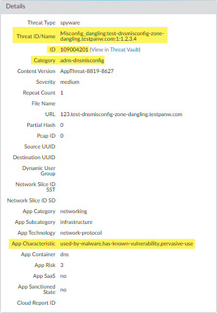 Screenshot of Threat Log details for Advanced DNS Security event in PAN-OS