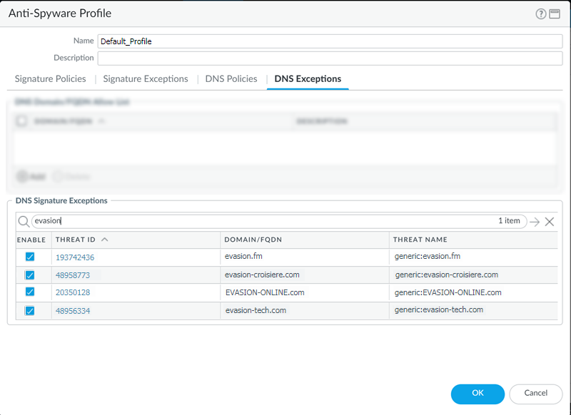 Screenshot of DNS Exceptions tab for excluding signatures in PAN-OS