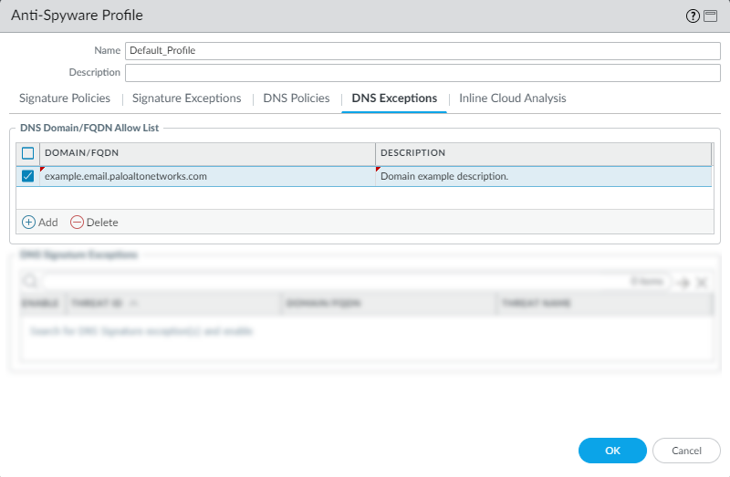 Screenshot of DNS Exceptions tab for Allow List in PAN-OS