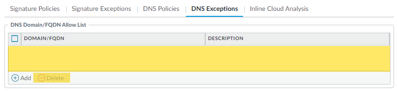 Screenshot of DNS Exceptions tab with no allow list entries in PAN-OS