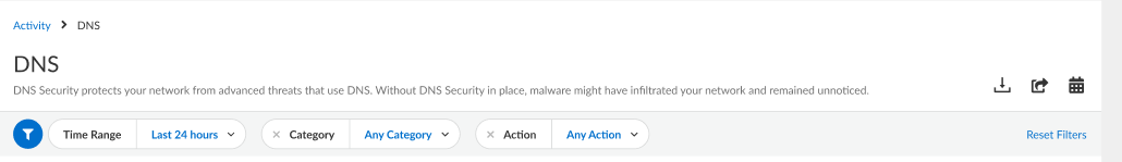 Screenshot of filter options in DNS Security Dashboard (AIOps)