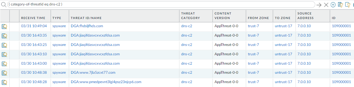 Screenshot of Threat Log filtering in PAN-OS