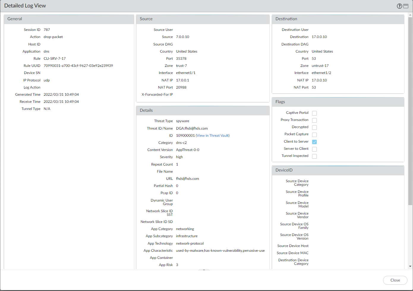 Screenshot of Threat Log details in PAN-OS