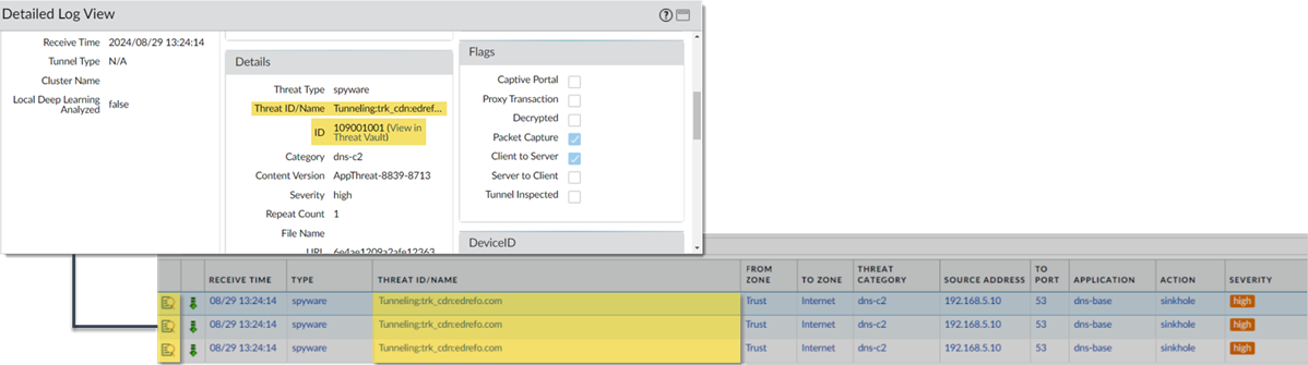 Screenshot of Threat Log details showing DNS Tunneling attribution in PAN-OS
