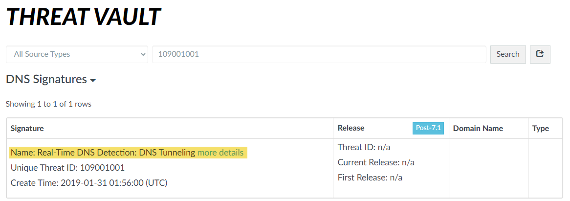 Screenshot of ThreatVault showing DNS Tunneling attribution
