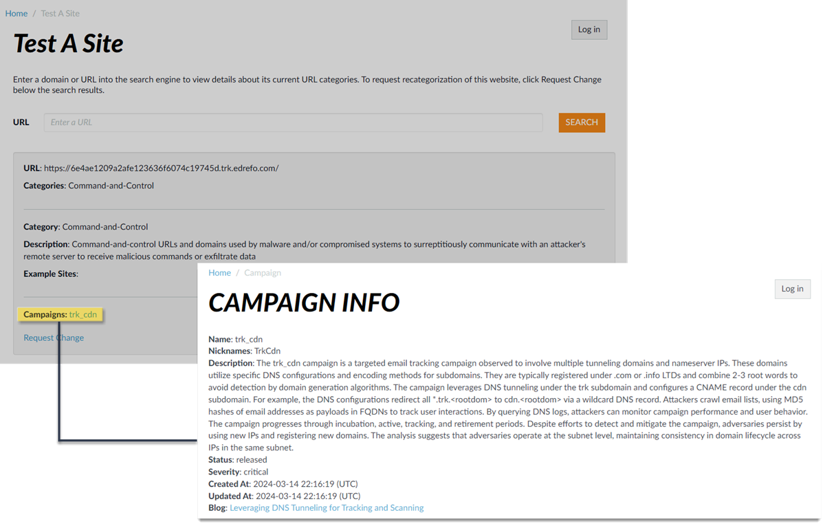 Screenshot of URL Filtering Test-A-Site showing DNS Tunneling attribution