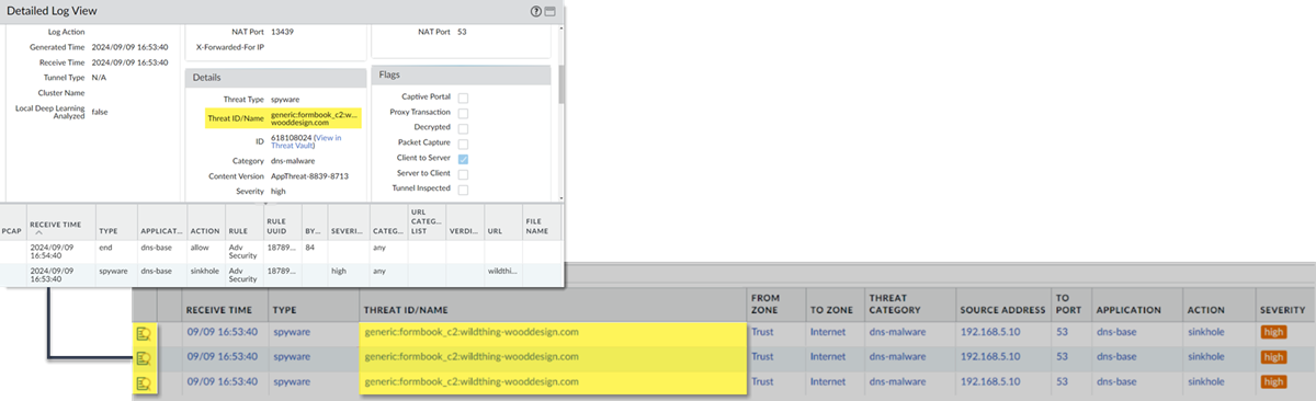 Screenshot of Threat Log details showing Stockpiled Domain attribution in PAN-OS