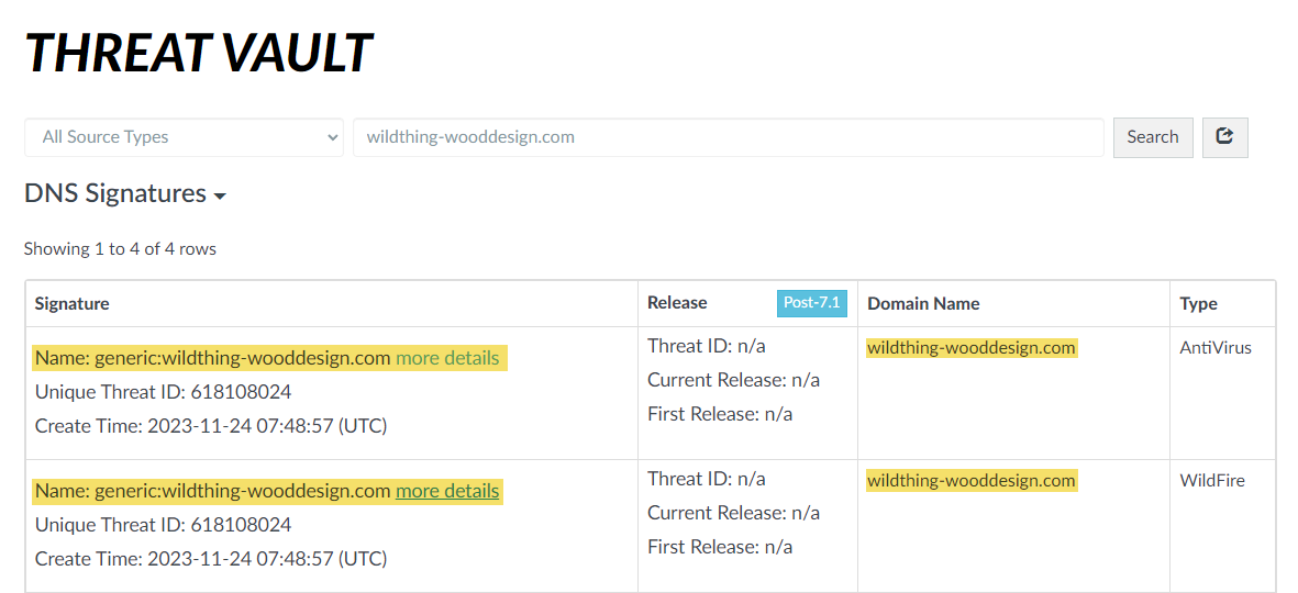 Screenshot of ThreatVault showing Stockpiled Domain attribution