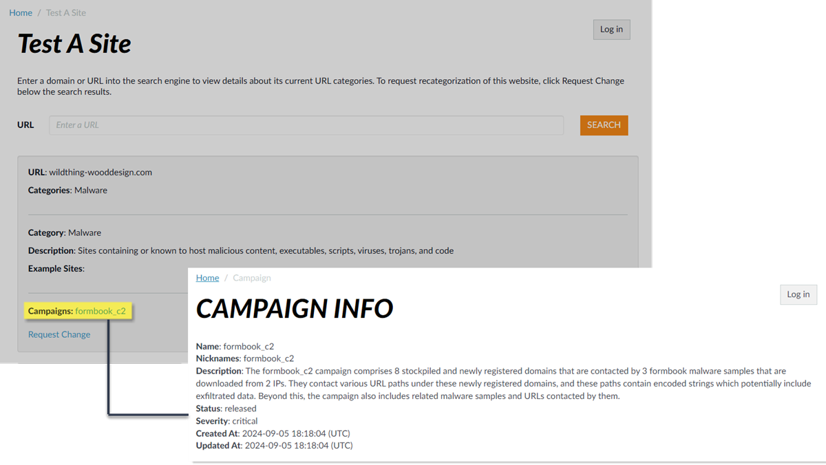 Screenshot of URL Filtering Test-A-Site showing Stockpiled Domain attribution