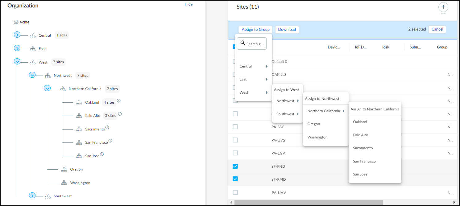 Screenshot showing assigning sites to a group.