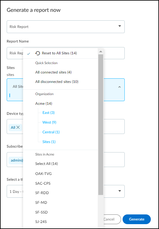 Screenshot of site group selection for reports.