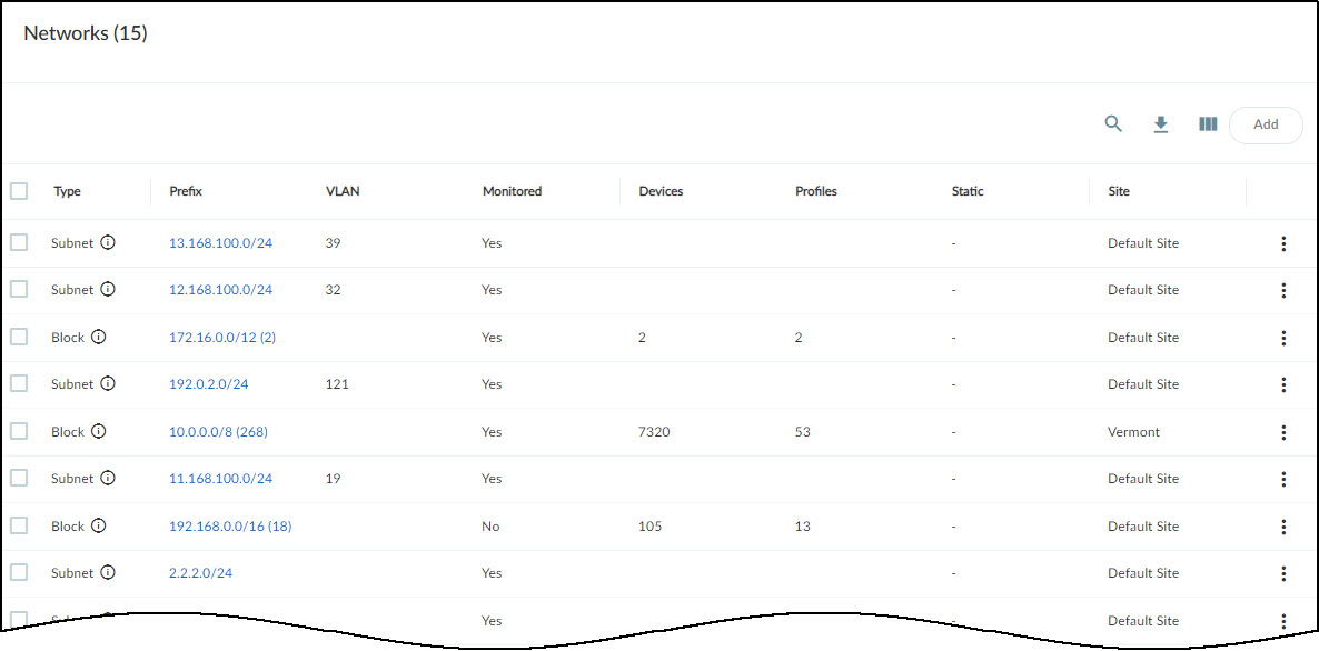 Screenshot of the main Networks table showing blocks and subnets.
