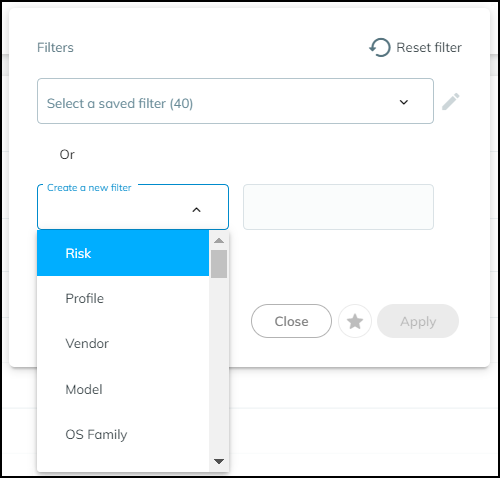 Screenshot of the Filters dialog for creating/selecting filters.