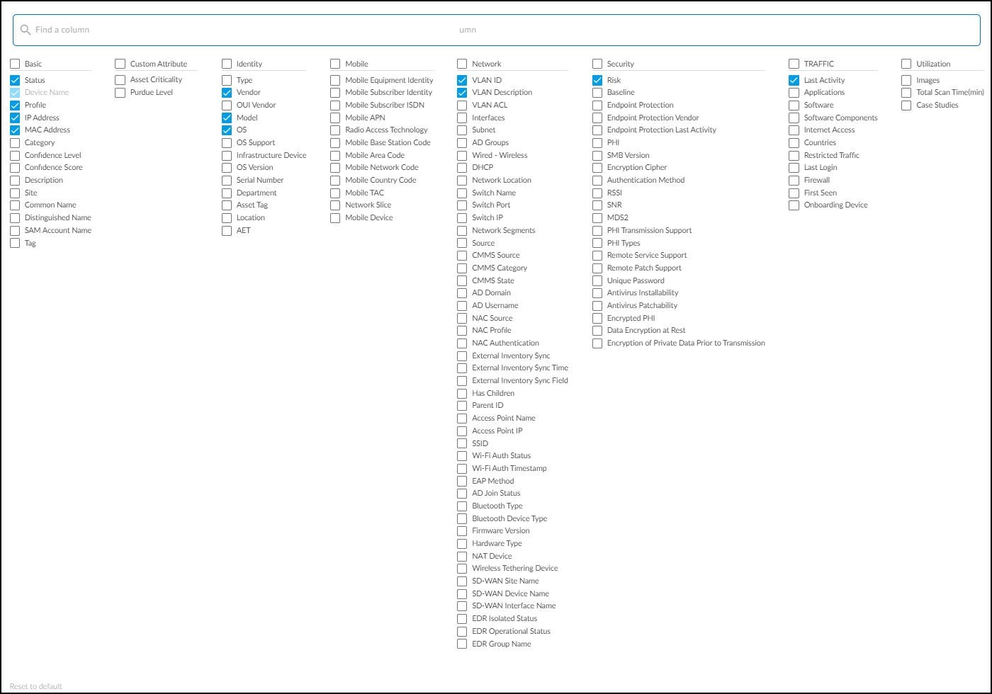 Screenshot of the column selection panel.