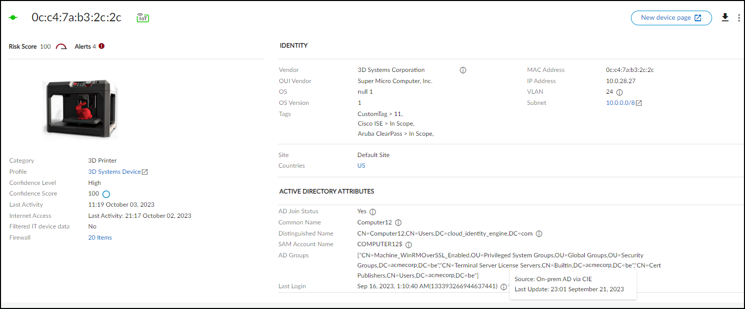 Screenshot showing Active Directory Attributes section on Device Details.