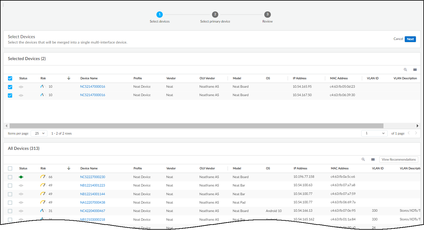 Step 1: Selecting devices to merge.