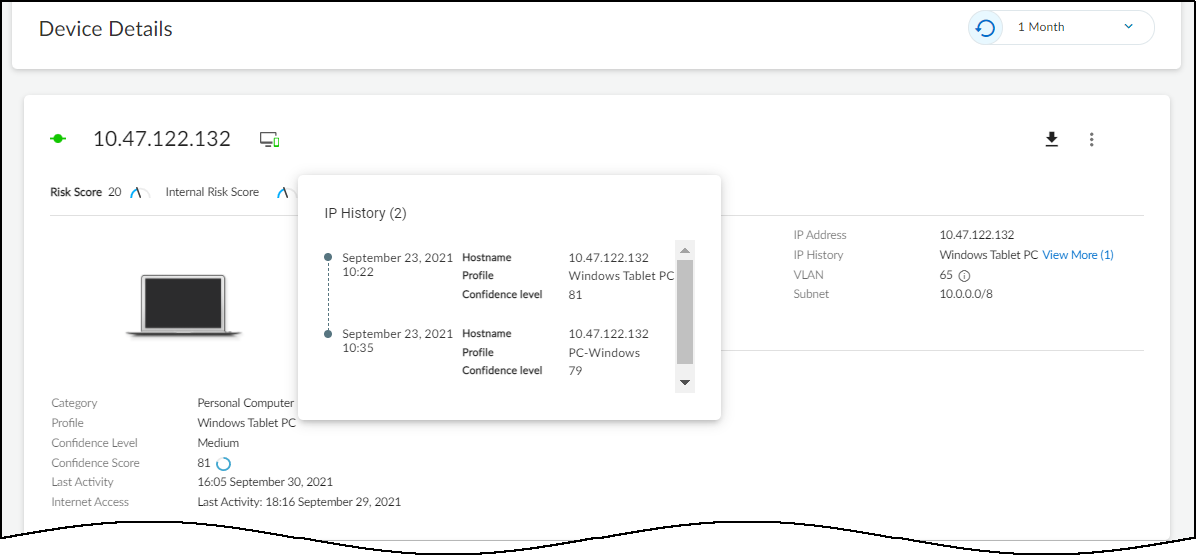 Screenshot showing history link on Device Details page for a promoted IP Endpoint.