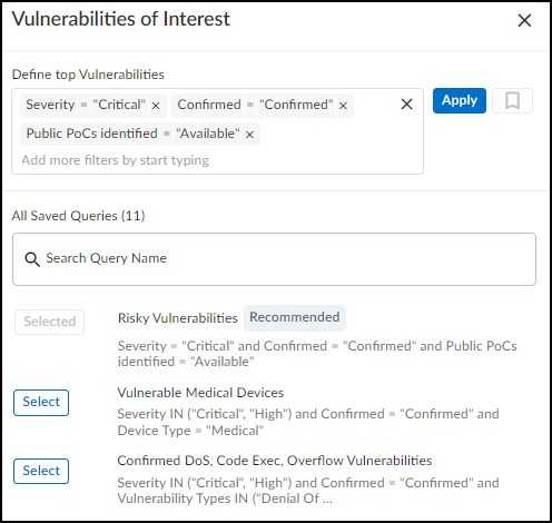 Screenshot of the Vulnerabilities of Interest query builder.