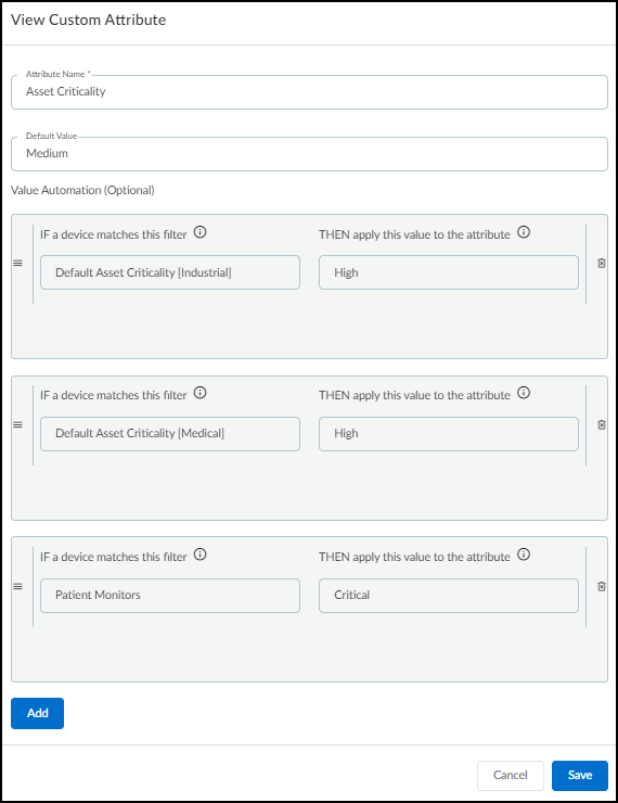 Screenshot of Asset Criticality custom attribute settings.