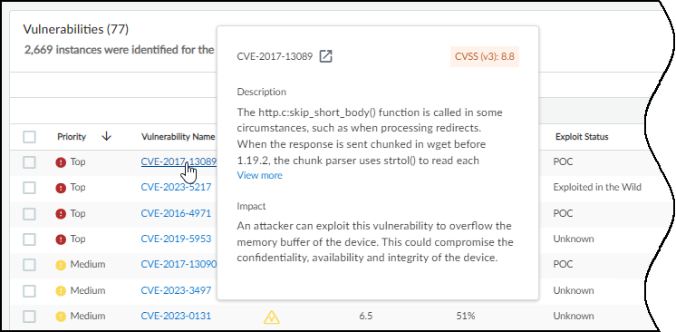Vulnerability description pop-up on hover.