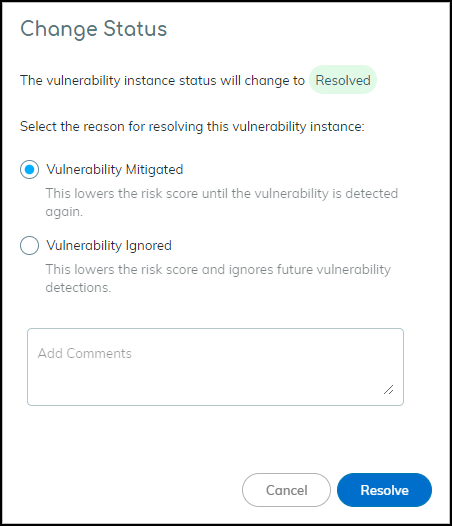 Resolve Vulnerability Instance dialog.