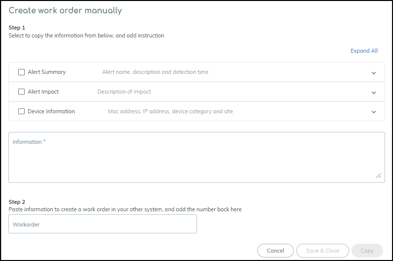 Screenshot of the Copy Alert Information dialog.