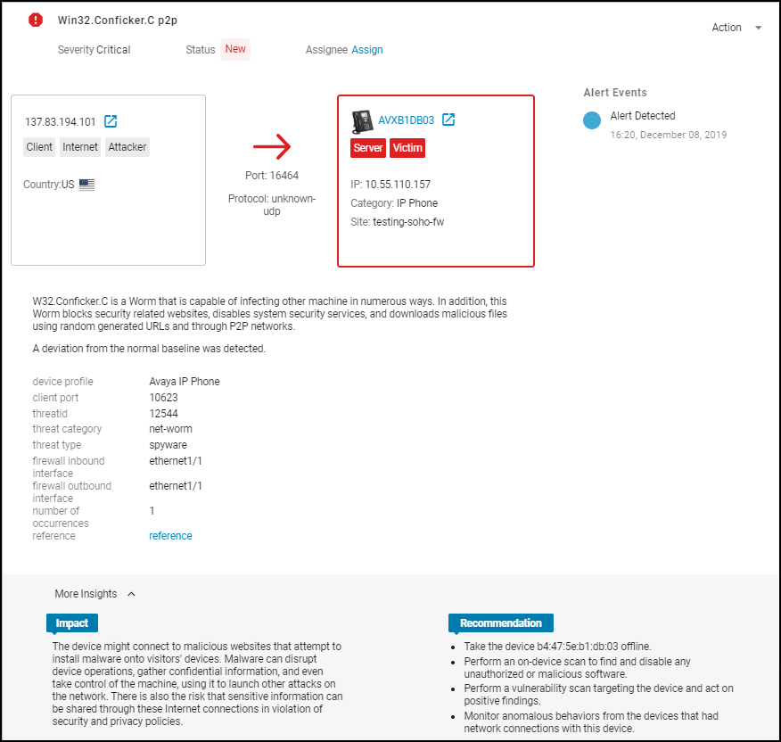 Top section of the Alert Details page showing client/server interaction.