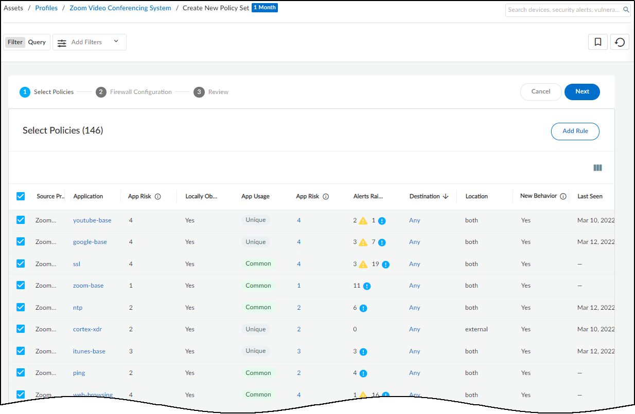 Policy creation wizard - Step 2: Select Policies/Rules.