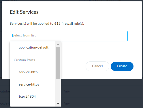 Editing services/ports for a rule.