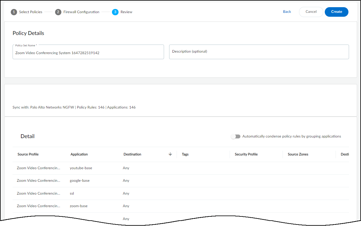 Policy creation wizard - Step 4: Review Policy Set.