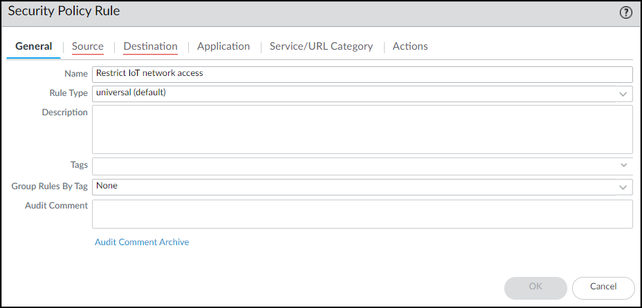 PAN-OS: Creating the 'Restrict IoT' rule - General tab.