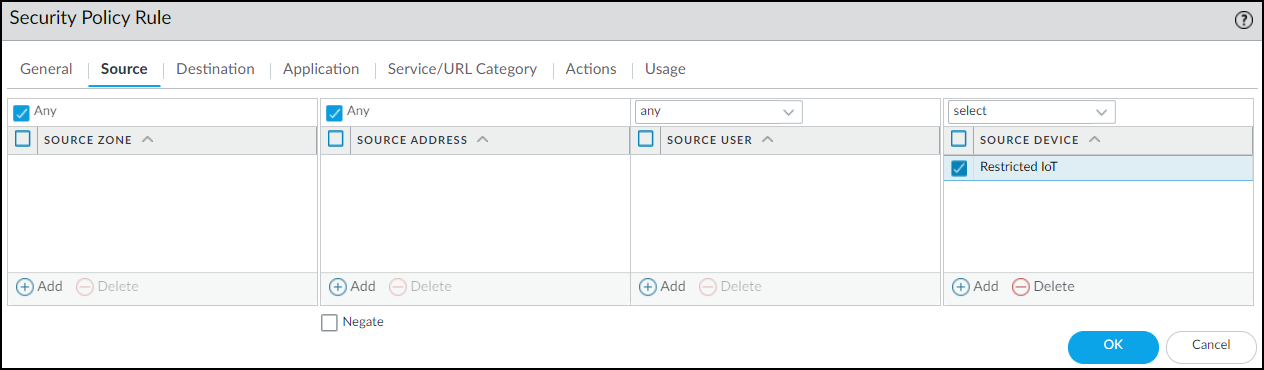 PAN-OS: Setting Source Device to 'Restricted'.