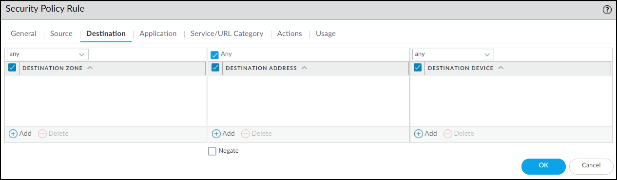 PAN-OS: Setting Destination to 'Any'.