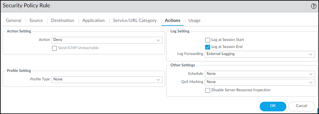 PAN-OS: Setting Action to 'Deny' and enabling logging.