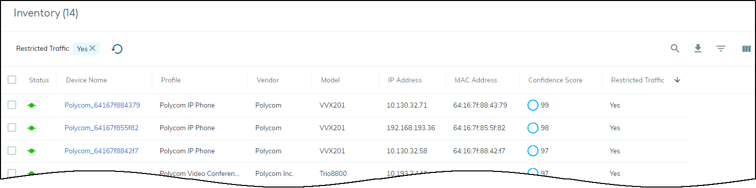 Devices page filtered to show restricted devices.