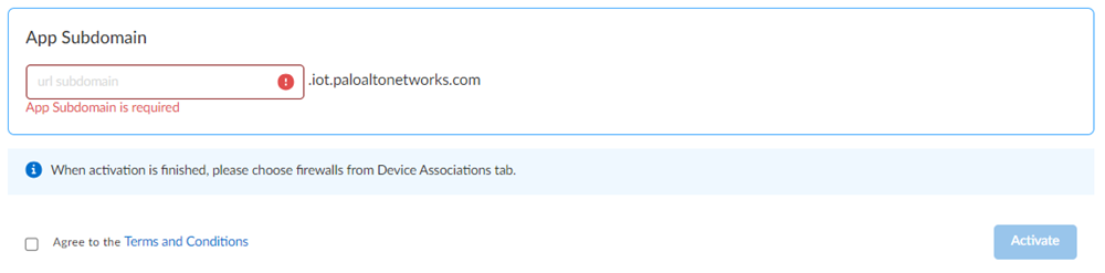 Activation screen showing App Subdomain entry