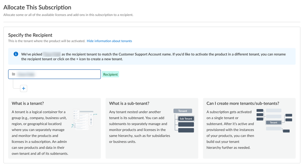 Screenshot showing Recipient selection for a single tenant