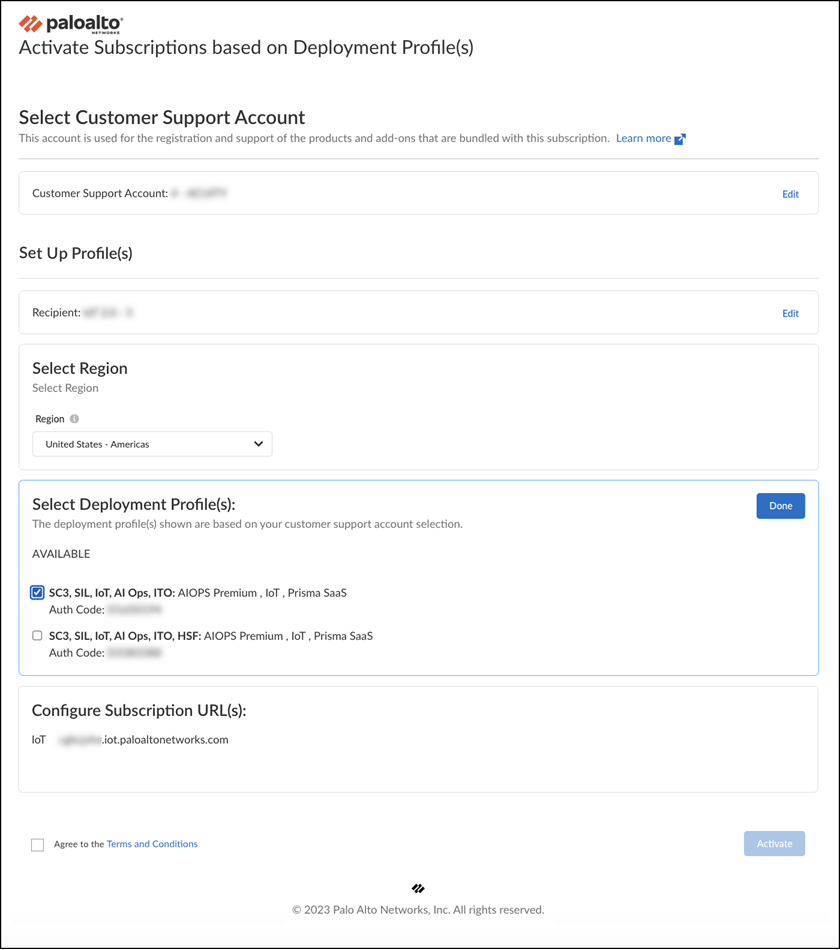 Screenshot showing subscription activation settings for VM-Series