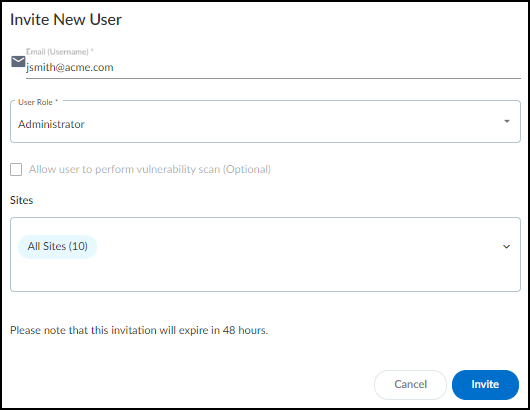 Screenshot showing Invite New User dialog